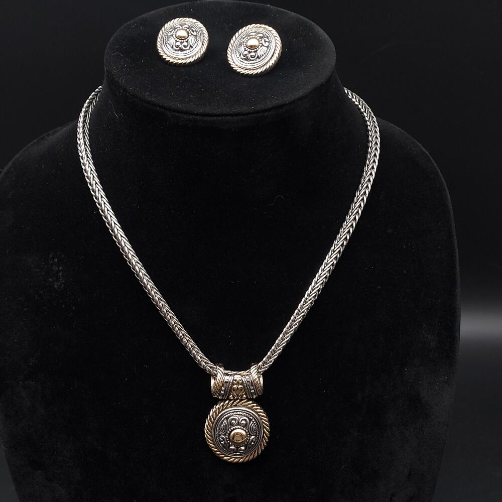 Vintage Lady Remington Necklace Earrings Set Mixed Metal Silver Tone Gold Tone